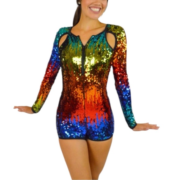 Weissman Rainbow Festival Party Disco Event Dance Sequin LGTBQ Costume Jumpsuit - Picture 1 of 12